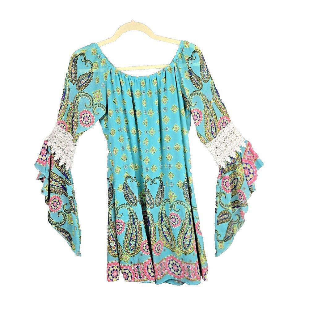 Honeyme Boho Dress Soft Green Paisley M Bell Sleeve Crochet Lace